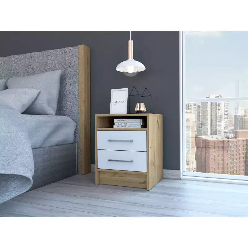 This  Nightstand , End Table, Side Table Superior Top, Two Drawers -White / Light Oak combines contemporary style with smart storage.