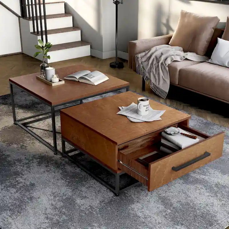 Saxon Rustic Brown Square 2-Piece Solid Wood Coffee Nesting Tables with 1-Drawer by Furniture of America
