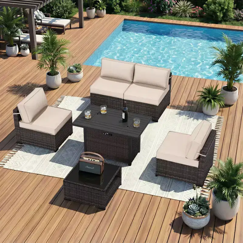 UPTIOT 6-Piece Patio Set: 4 Side Chairs, Brown Fire Pit Table & Tempered Glass Coffee Table for Stylish Outdoor Gatherings