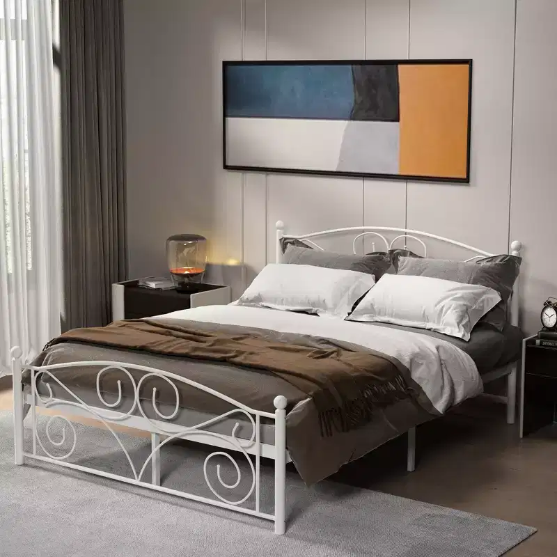 Full Size Metal Platform Bed with Vintage Headboard & End Frame, 600 lb Capacity, No Box Spring Needed