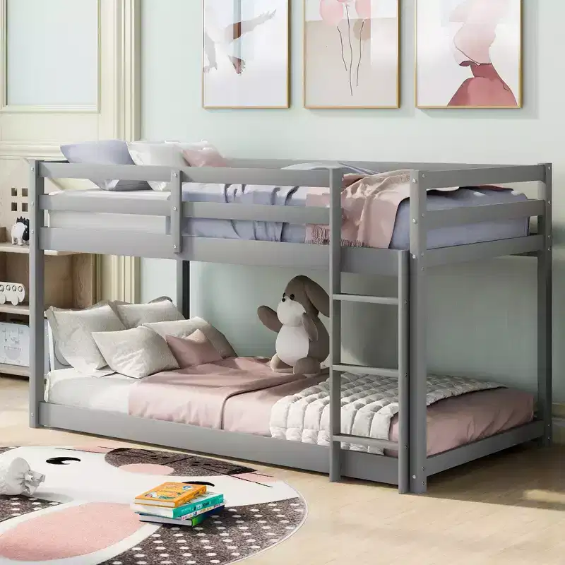 79.3IN Twin-Over-Twin Bunk Bed with Ladder, Kids Bunk Beds with Safety Guardrail, Bed Frames for Kids Room, Play Room, Gray