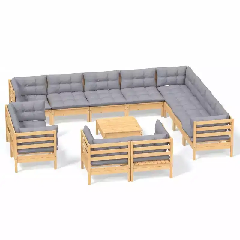 vidaXL Solid Pinewood Patio Lounge Set 13 Piece with Cushions - Brown and Gray