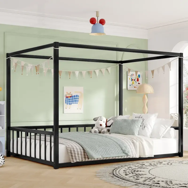 Iron House Bed Frame with Side Guardrails – Full / Queen / Twin