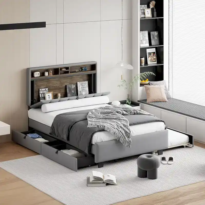 Upholstered Platform Bed with Storage Headboard,Twin XL Size Trundle and 2 drawers