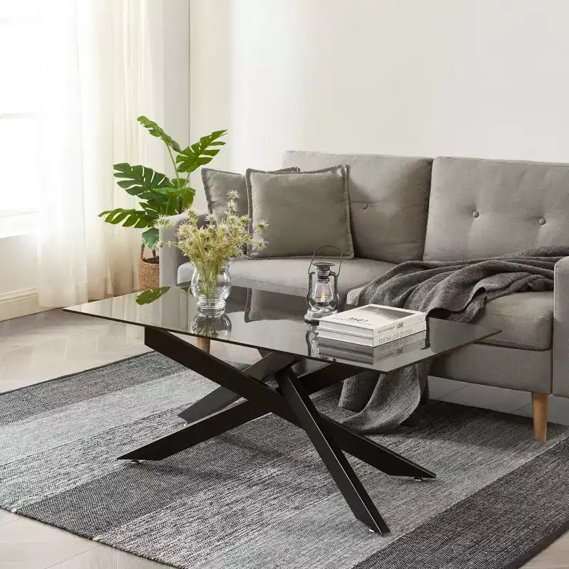 Probe Hues Modern Glass Coffee Table with Tempered Top and Geometric Metal Legs for Living Room