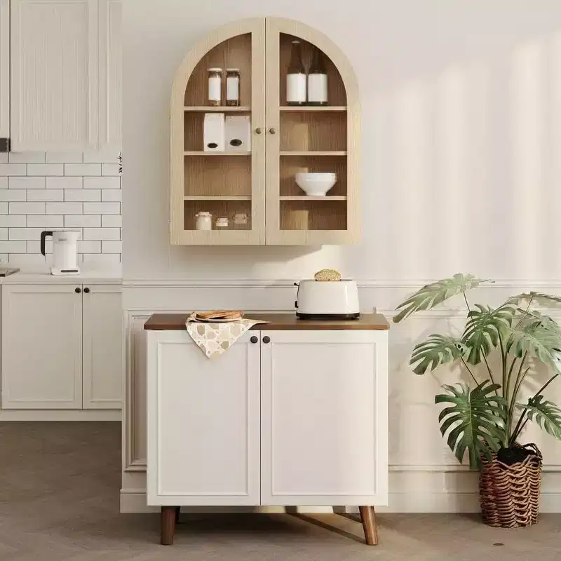 Arched Wall Mounted Bathroom Cabinet with Glass Doors, Rustic Wood Medicine Cabinet with Adjustable Shelves, Over Toilet Storage Cabinet for Bathroom