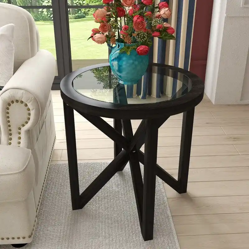 Modern simple glass coffee table, tempered glass coffee table solid wood base round transparent glass top