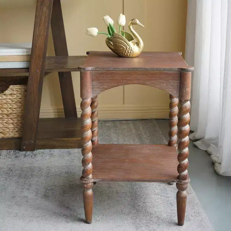 GDFStudio Vaibhav Rustic Square Wooden Side Table with Turned Spiral Legs and Lower Shelf