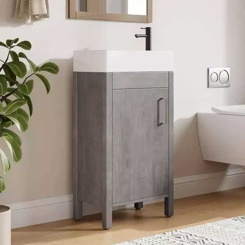 16 Bathroom Vanity with Sink, Vintage Bathroom Cabinet Vanity with Doors, Farmhouse Wooden Freestanding Bathroom Cabinet with Top