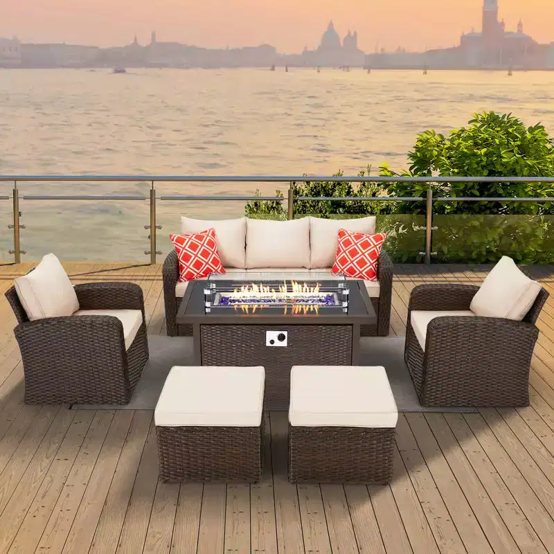 EROMMY Wicker/Rattan 7 - Person Seating Group with Fire Pit Table