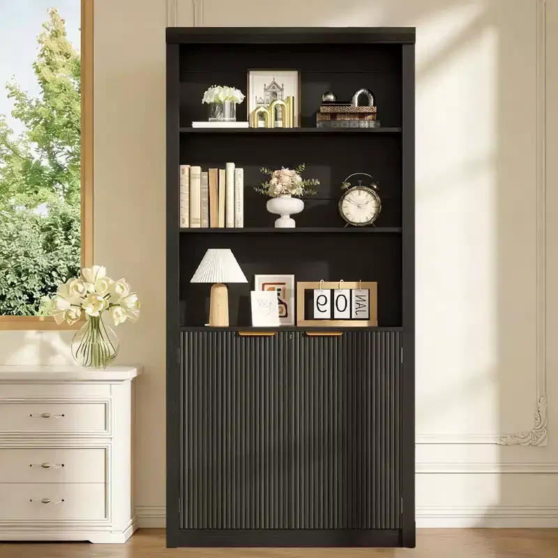 Tall 5-Tier Bookcase with Doors and Drawer  31.5'' W Modern Freestanding Bookshelf, Adjustable Storage Cabinet for Home Office or Living Room