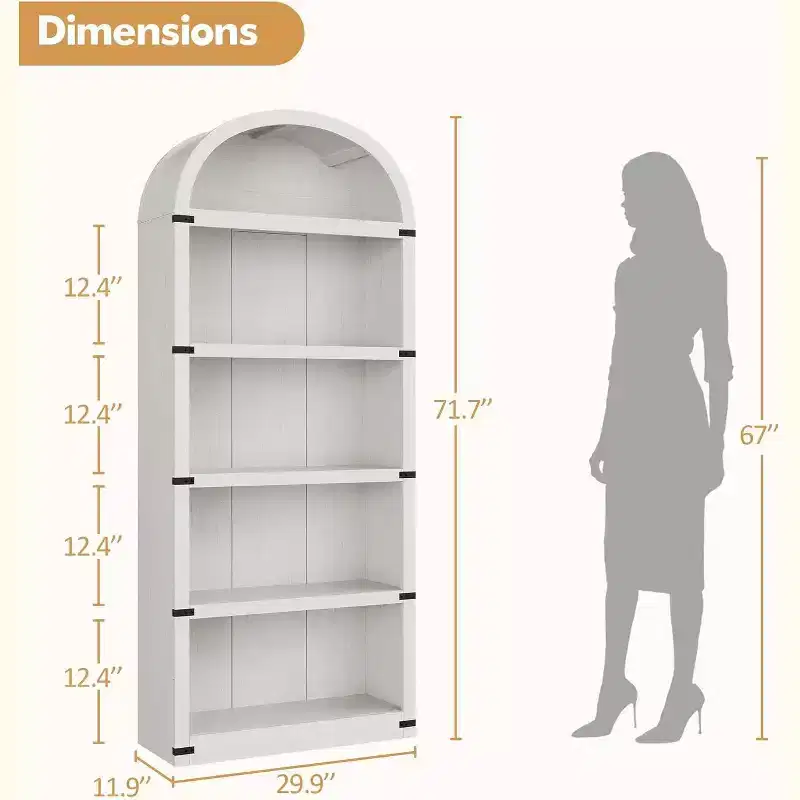 Acekool 5-Shelf Arched Bookcase, 71.65 Tall Wooden Farmhouse Display Bookshelf, Storage Rack with Metal Accents for Living Room, Office, White