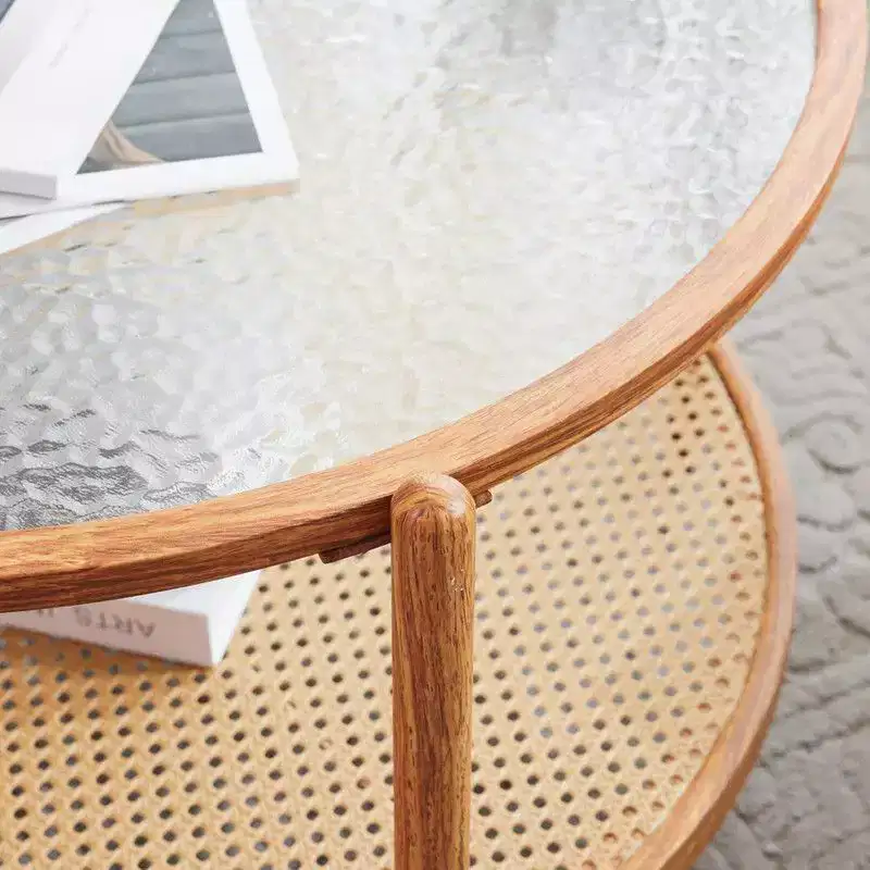 Double-Layered Round Water Ripple Glass and PE Rattan Tabletop Matched with Heat Transfer Wood Grain Iron Frame Coffee Table