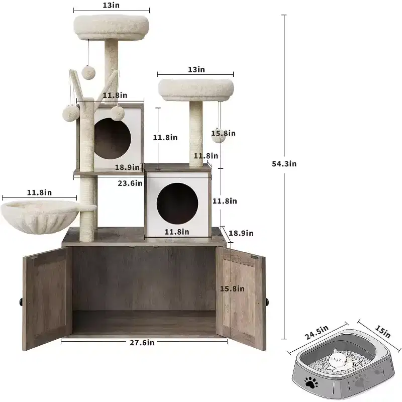Cat Tree with Litter Box Enclosure, 2-in-1 Modern Cat Tower with Hammock and Scratching Posts