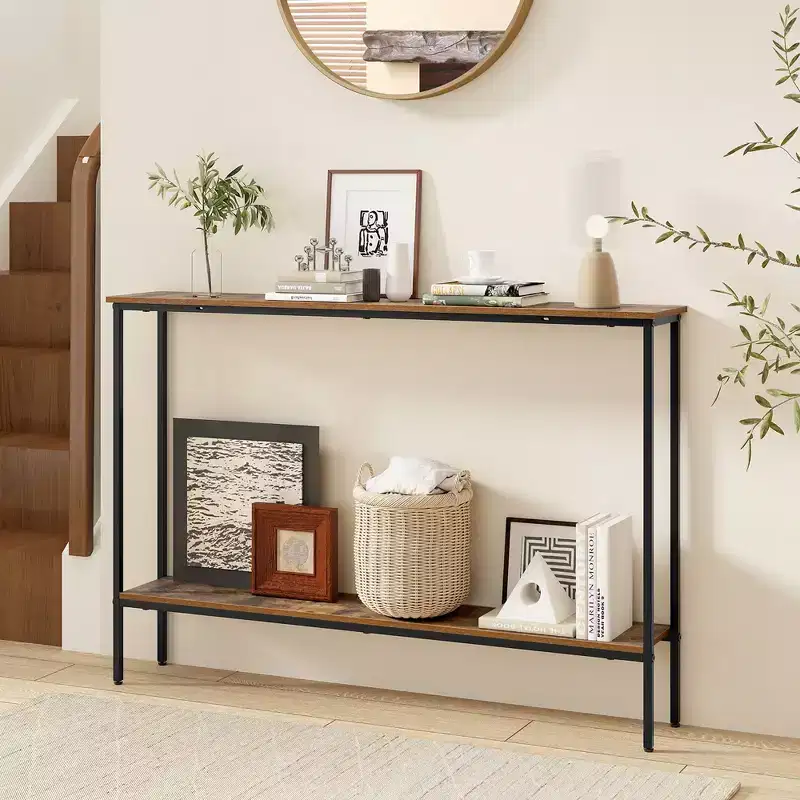 Costway 44 Narrow Entryway Table Console Table w/ Shelf & Dual Anti-Tipping Kits Brown & Black