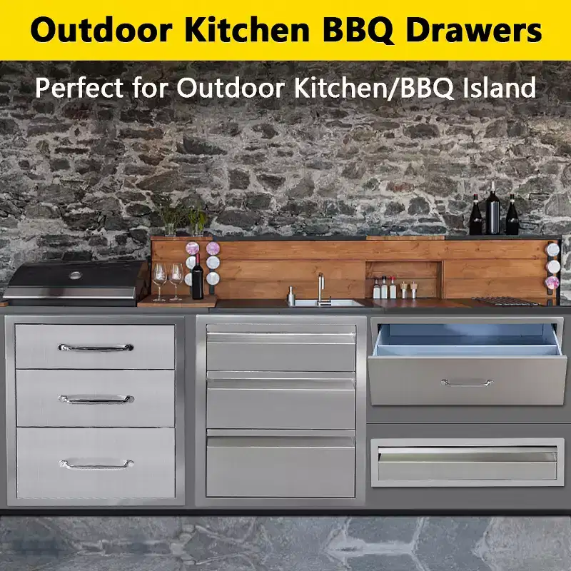 Outdoor Kitchen Storage Drawers, 3-Tier Stainless Steel, 18x23x23 Built-in Recessed Outdoor Drawers, BBQ Island for Outdoor Kitchens
