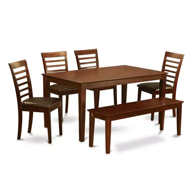 HomeStock 6-Piece Rectangle Mahogany Finish Solid Wood Top Dining Table with 1 Bench, 4 Chairs