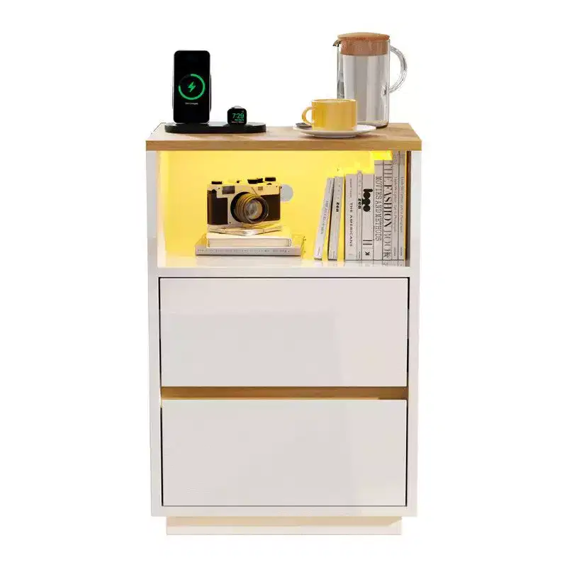 Karl Home 15.7In. High Gloss White & Oak Nightstand, P2 15MM Particleboard, 2 Drawers, RGB Strip, US Outlet (2USB+2AC)
