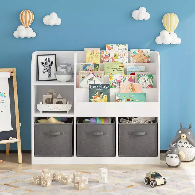 Children's Bookcase with 3 Foldable Fabric Drawers, Display Shelf & Storage Rack - White/Gray