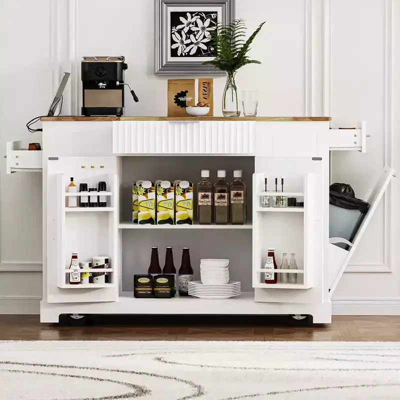 Whisen Classic Style Kitchen Islands on 5 Wheels with 3 Drawer and 3 Open Side Racks
