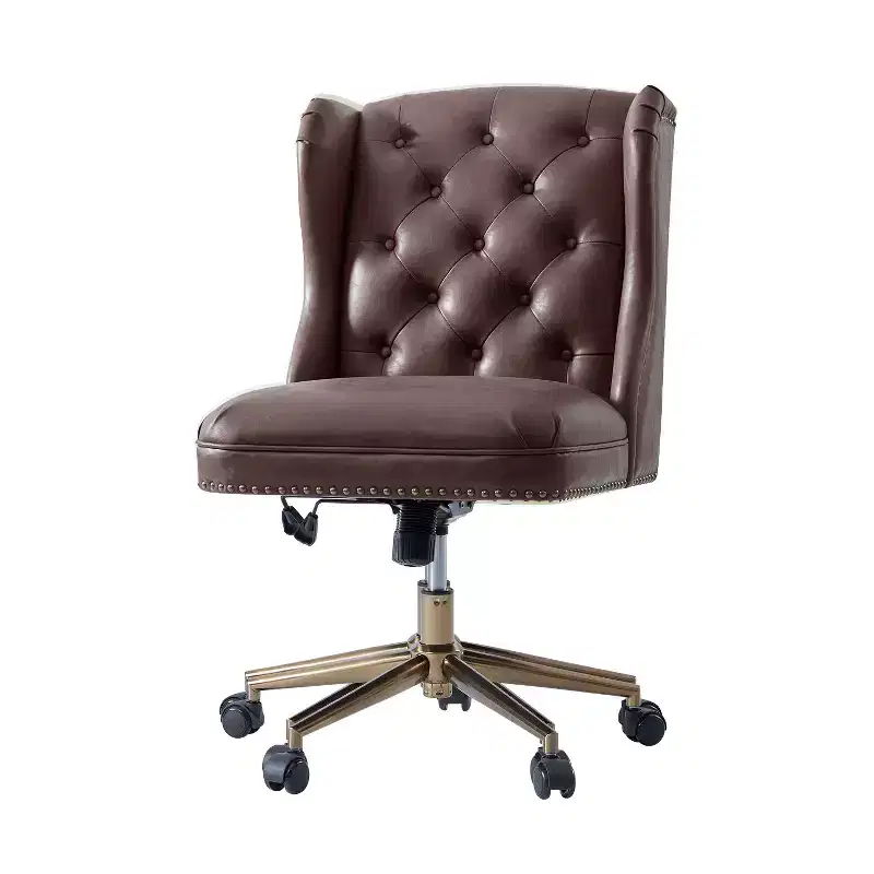 Hazel Traditional Faux Leather Wingback Office Chair — Tufted, Bronze Nailhead, Camel