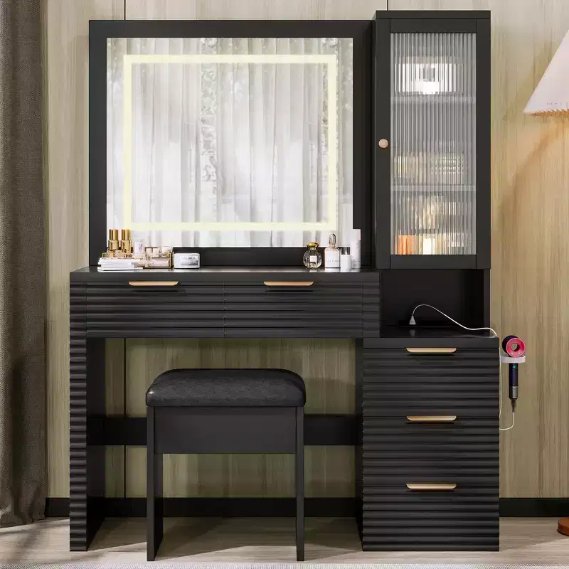 GDFStudio Doris Modern Wood Makeup Vanity with Stool, LED Lighted Mirror, Glass Door Cabinet, 5 Drawers and Charging Station
