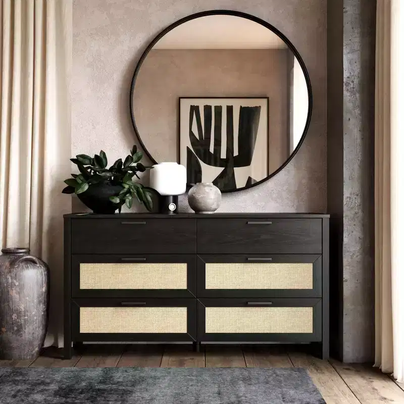 Ameriwood Home Wimberly 6-Drawer Dresser, Black Oak with Faux Rattan