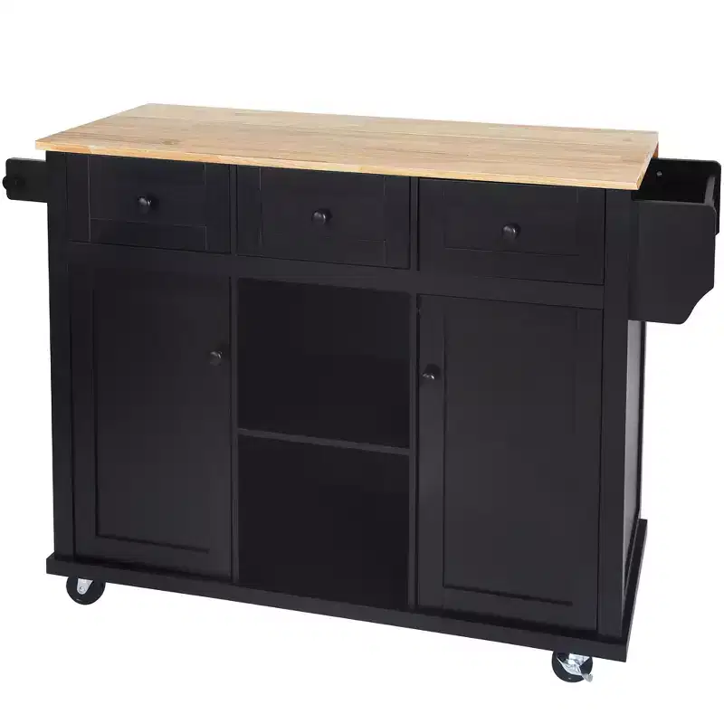 Drop-Leaf Countertop Kitchen Island, Kitchen Cart with 5 Wheels, Storage Cabinet and 3 Drawers