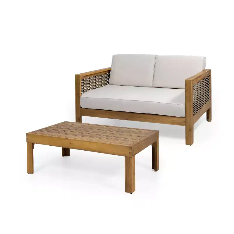 GDFStudio Allegra Outdoor Acacia Wood and Wicker Loveseat and Coffee Table Set with Cushions