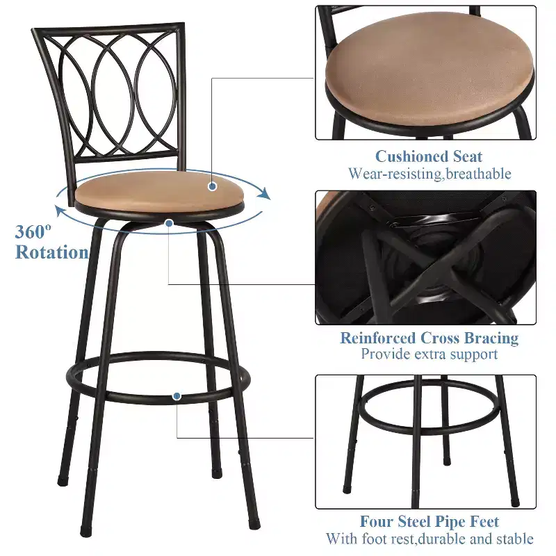 VECELO Bar Stools Adjustable Height Set of 2, 24/29 Swivel Counter Stools with Upholstered Seat, Steel Bistro Pub Chairs