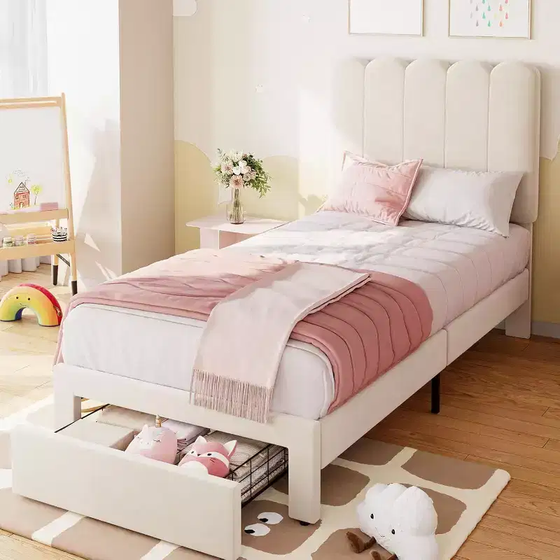 Beige Velvet Twin Bed Frame with Storage Drawer, Headboard, Slat Support, No Box Spring, Noise-Free, Easy Assembly