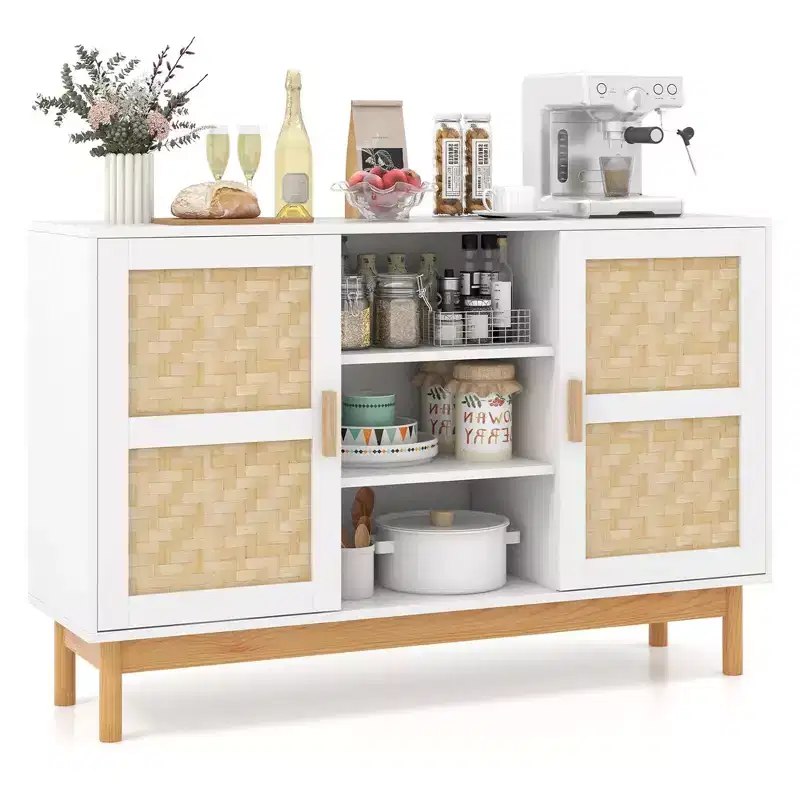 Costway 48 Sideboard Buffet Cabinet with 2 Bamboo Woven Doors 3 Open Shelves for Kitchen White