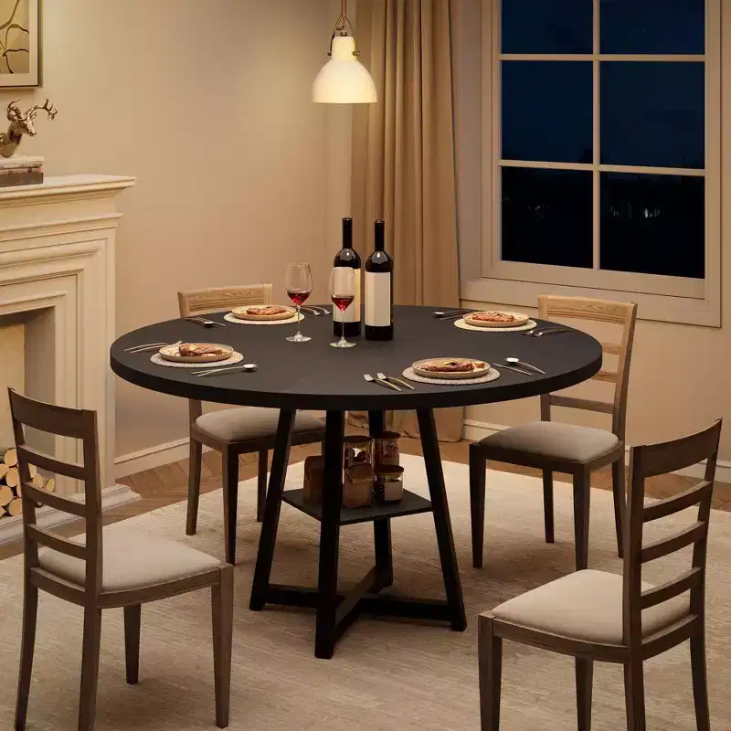 47 Round Dining Table for 4 - Modern Farmhouse Kitchen Table with Metal Legs, Circle Wood Dinner Table for Dining Room, Kitchen, Living Room