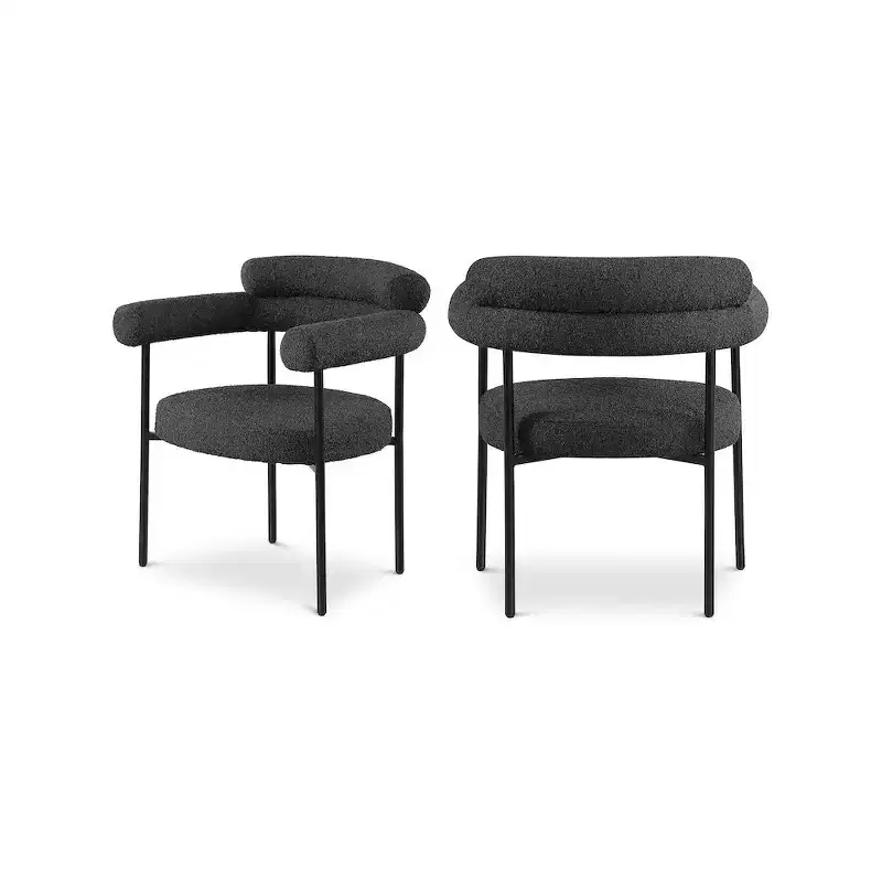 Boucle Fabric Upholstered Dining Chair, Matte Black Frame, Set of 2