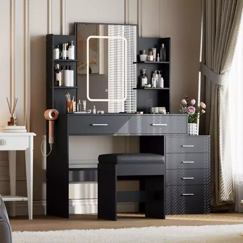 Makeup Vanity, Vanity Desk with Mirror , White Vanity with 6 Drawers and Shelves, Vanity Desk, Vanity with Stool