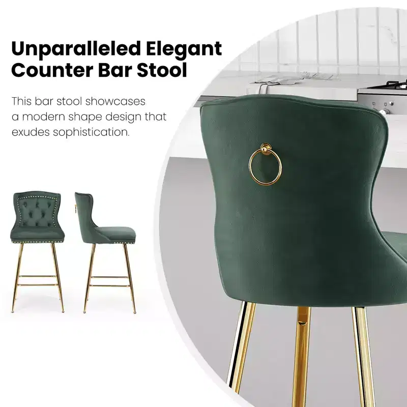 PexFix 2Pcs Bar Stools Velvet Counter Height Bar Stools with Metal Legs Button Tufted and Nailheads Trim Wing-Back Bar Chairs Green