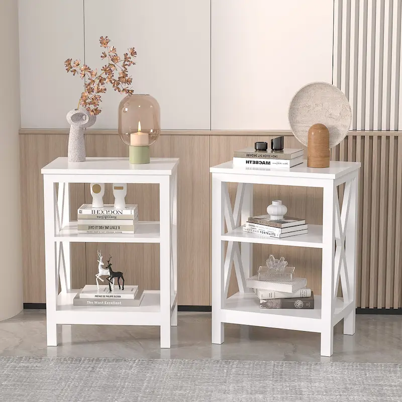 Set of 2 Nightstands, Multi-Color, X-Frame 3-Tier Open Shelf Bedside Table
