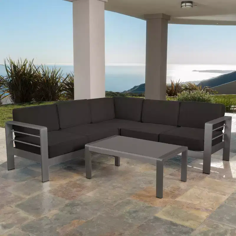Christopher Knight Home Cape Coral Outdoor V-Shape Aluminum 5 Seater Sectional Sofa Set with Water-Resistant Cushions