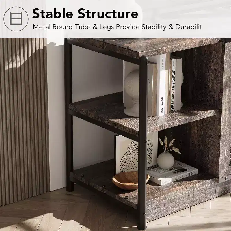 Industrial TV Stand for TVs up to 65'' / 75, Rustic Entertainment Center with Double Mesh Door Cabinet & Open Shelves, Media Console for Living Room