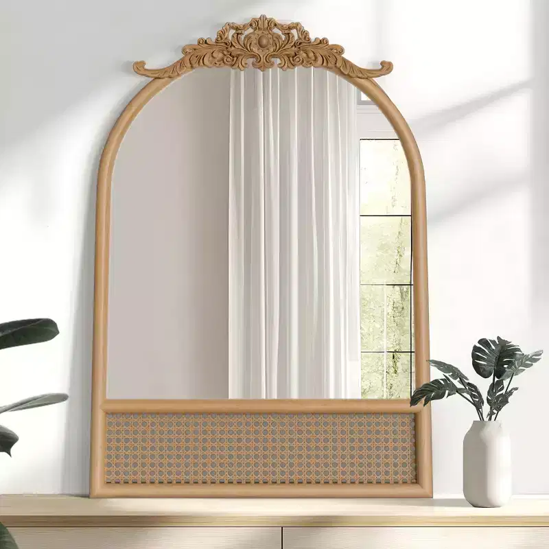 Natural Wood Base Woven Rattan Carved Arch Wall Mirror, 91x61cm, Tempered Glass