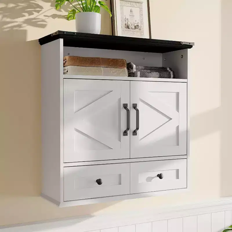 25x23.6 Inch Farmhouse Wall Mount Medicine Cabinet with Barn Door & Adjustable Shelves - White Storage for Bathroom Kitchen
