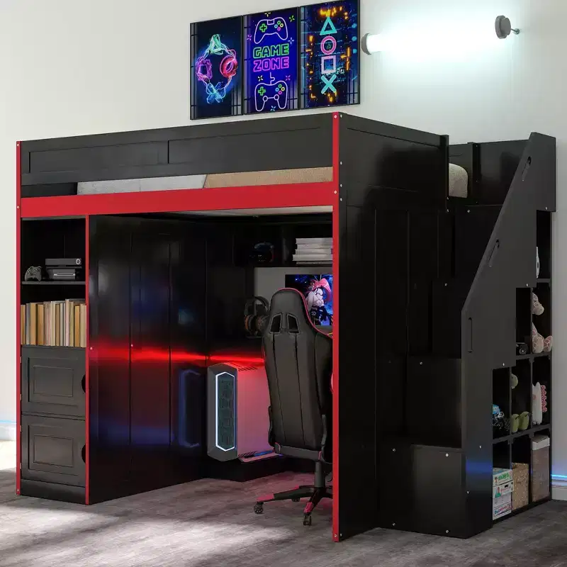 Gaming Loft Bed with Desk and Storage, LED Lights