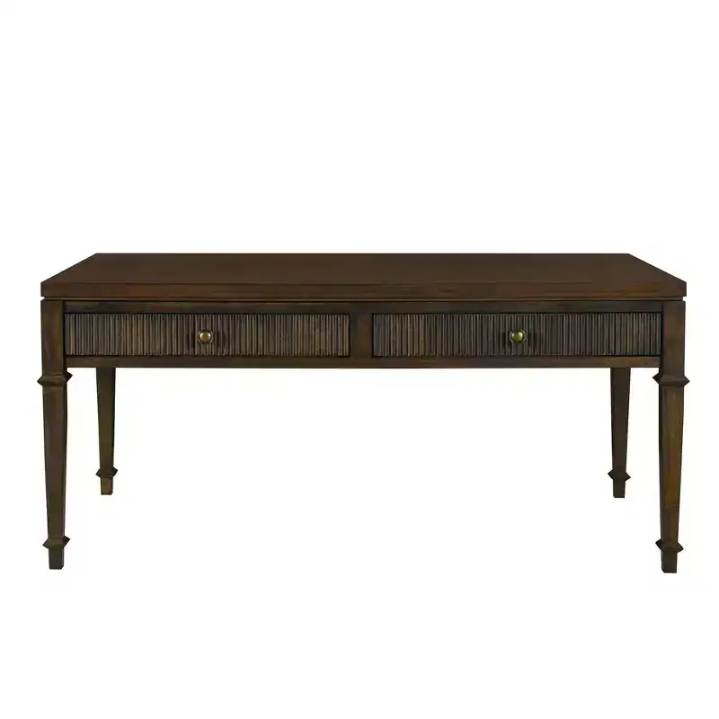 Martha Stewart Kenna Fluted 2 Drawer Coffee Table Brown: Traditional Wood Veneer, Storage, Tapered Legs, Brass Hardware