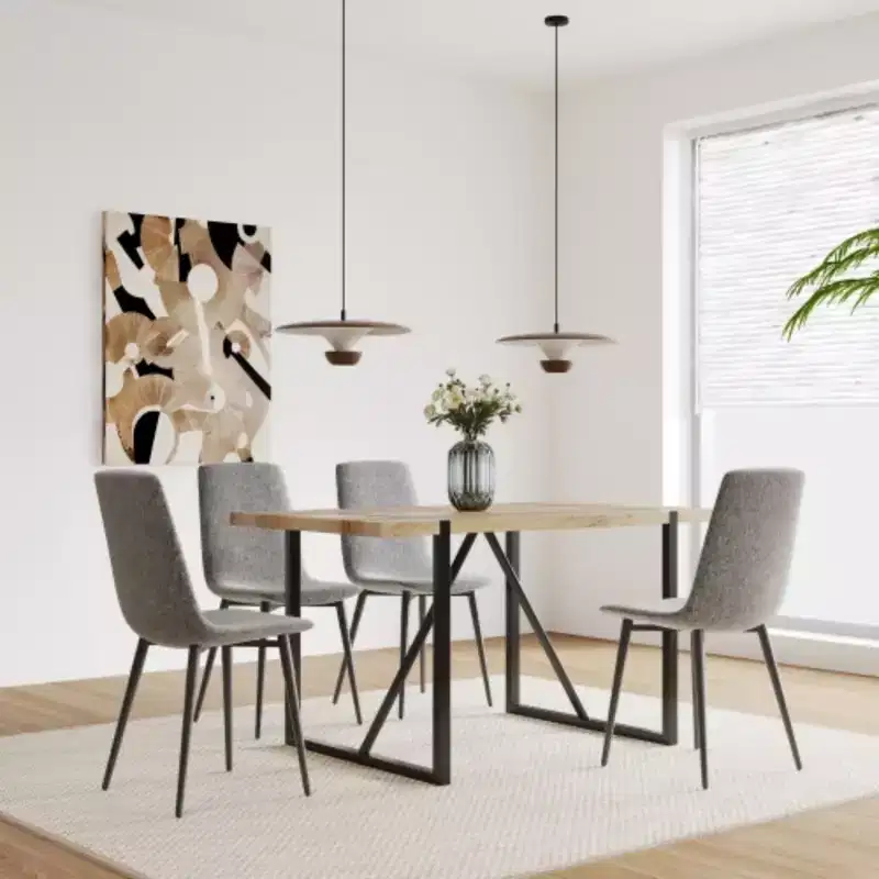 Set of 4 Linen Upholstered Dining Chairs with Black Metal Legs