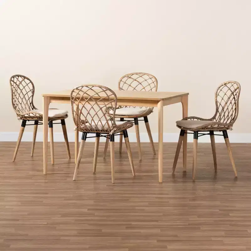 Baxton Studio Sabelle Modern Bohemian Wood and Rattan 5-Piece Dining Set