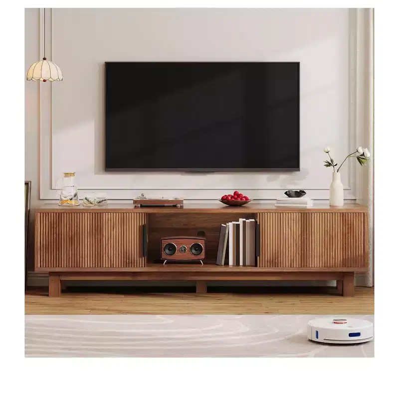 Fluted TV Stands for TVs up to 65 Inches, Entertainment Center with Power Outlets & Storage , Wooden TV Console for Living Room, Walnut