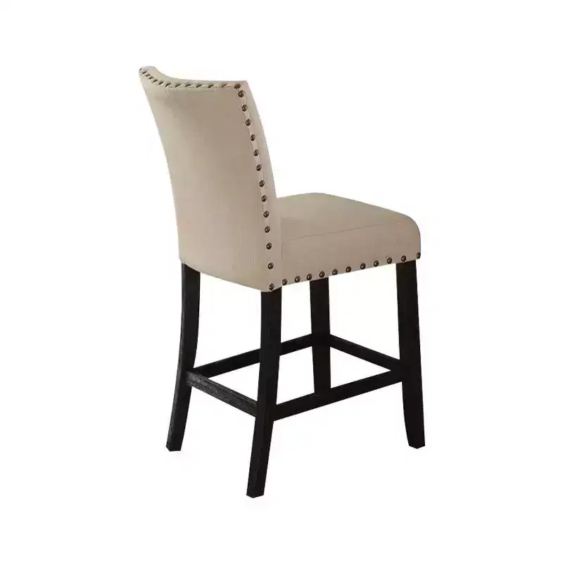 25" Set of 2 Nolan Counter and Bar Stools Beige Linen/Salvage Dark Oak Finish - Acme Furniture: Padded Seat, Nailhead Trim, Metal Frame