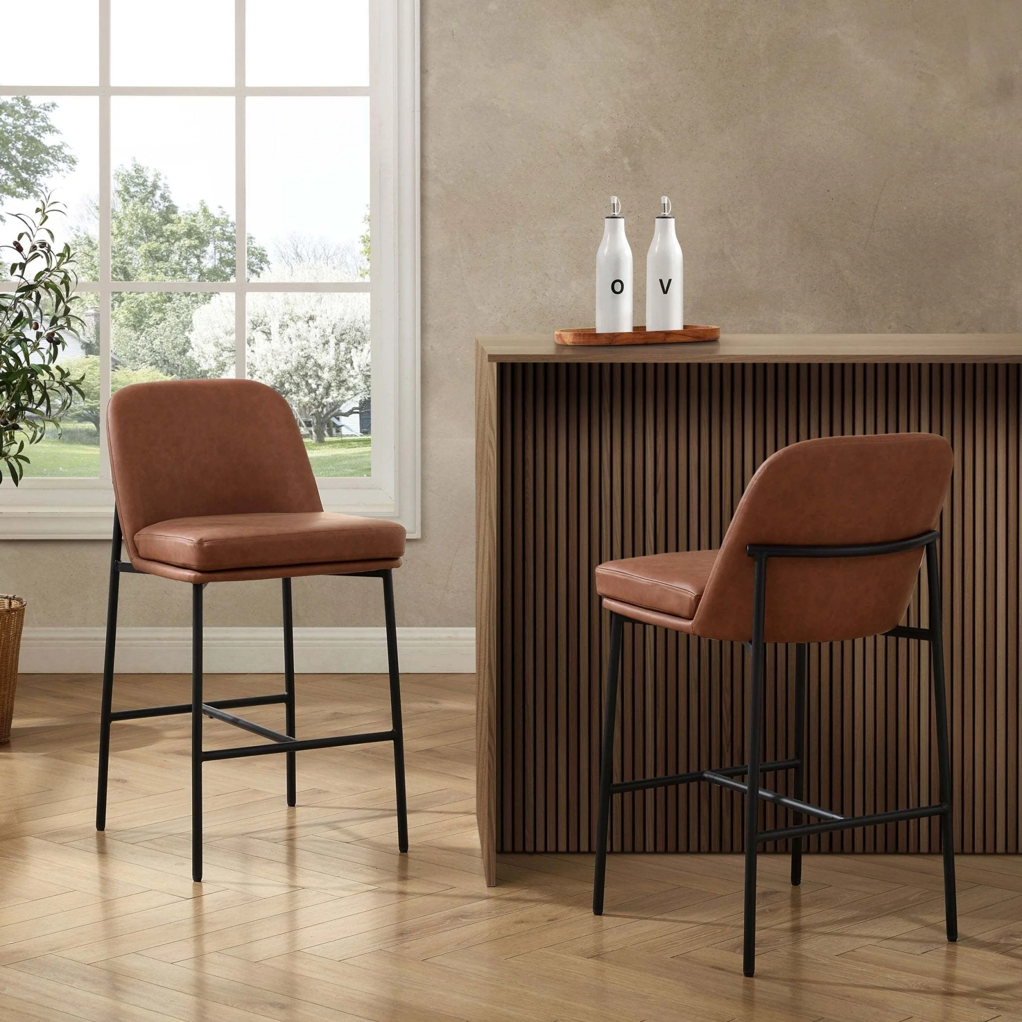 Retro Tan Faux Leather Barstool with Built-in Footrest for Kitchen