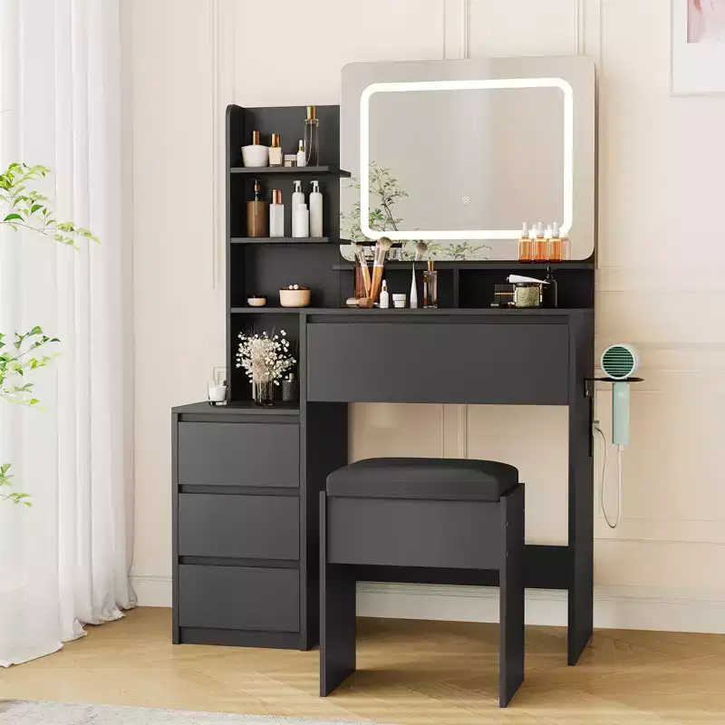 36-Inch Makeup Vanity Desk, Modern Vanity Table for Bedroom, 4 Large Drawers, 3 Lighting Modes, Storage Shelves for Bedroom