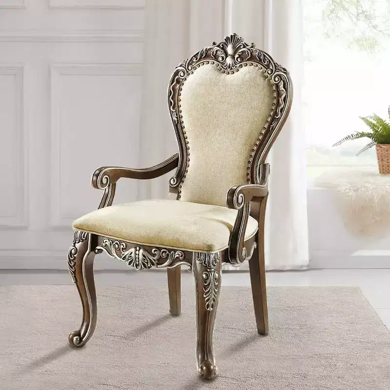 24"Dining Chair Antique Brown -: Gray Chenille, Silver Detailing, Nailhead Trim